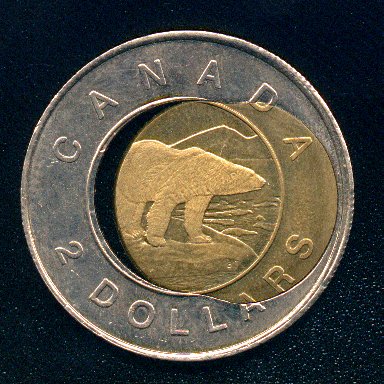 Canada 1996 $2 - misaligned core 